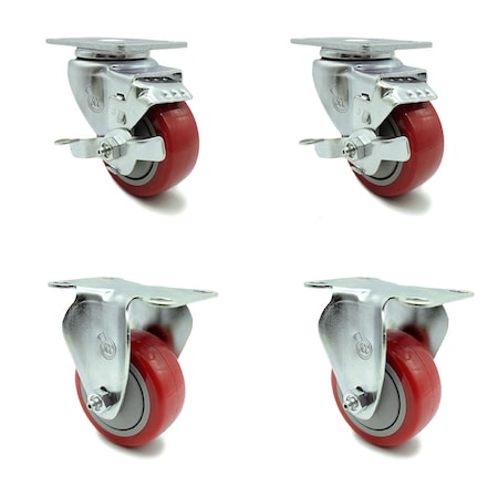 Service Caster 3 Inch Red Polyurethane Swivel Top Plate Caster Set with 2 Brakes 2 Rigid SCC SCC-20S314-PPUB-RED-TLB-2-R314-2